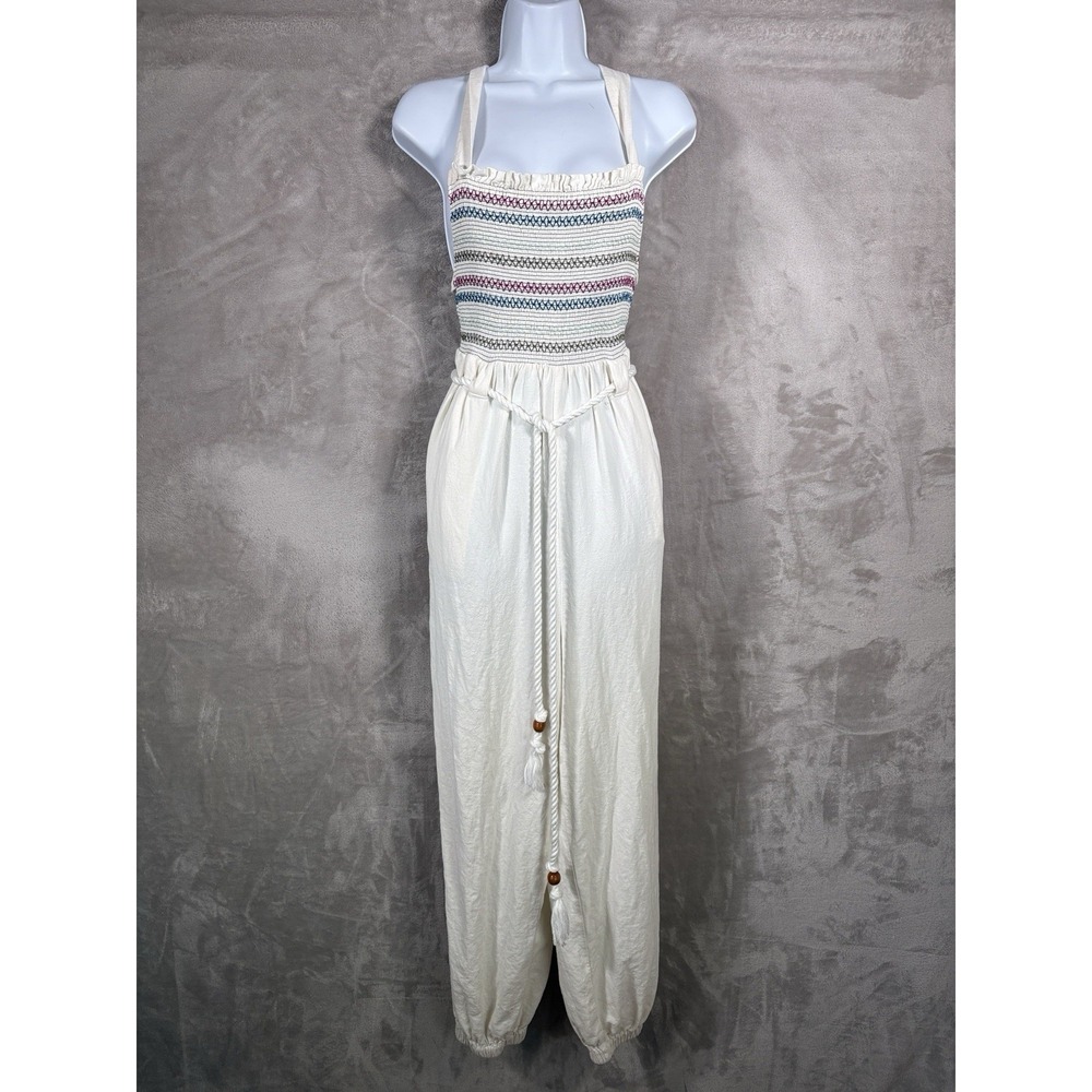 Free People‎ Sienna Smocked Jumpsuit Womens XS White Halter Linen Blend